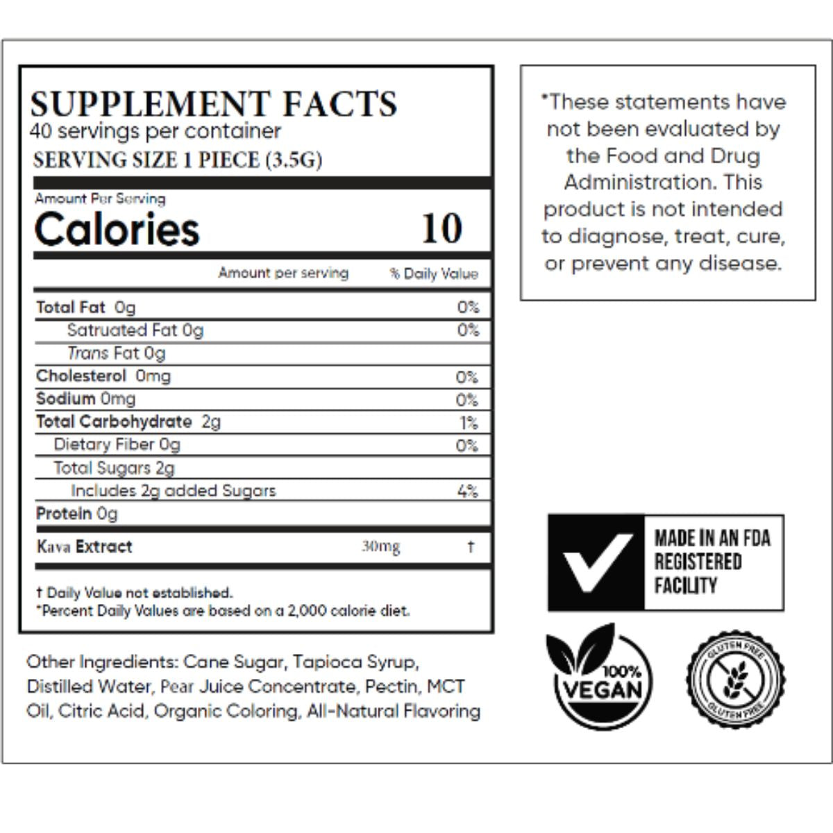 Kava Gummies Supplement Facts 40pc | Firewalker Kava