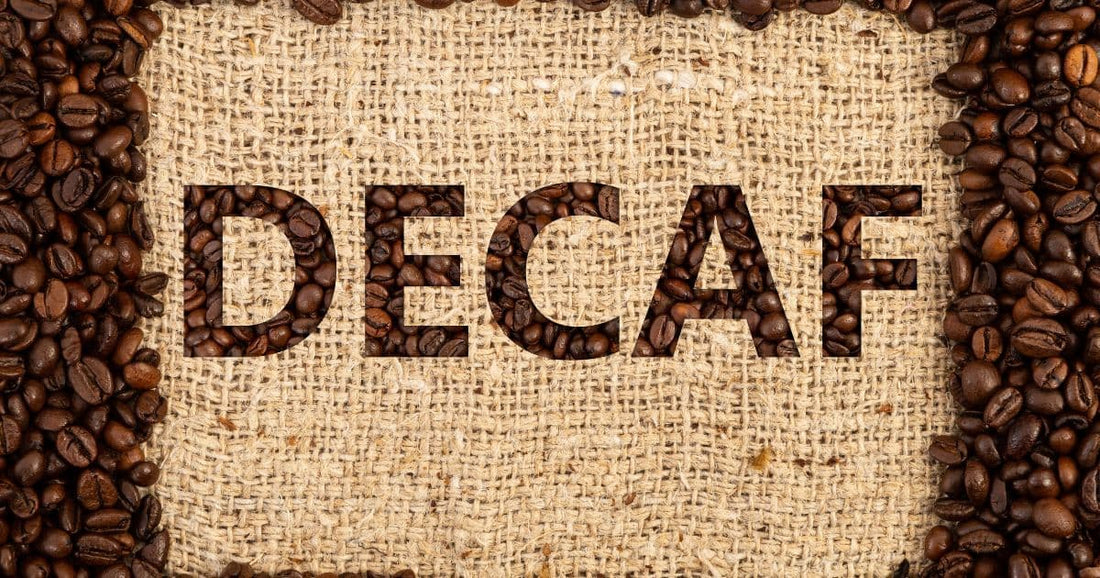 Coffee beans surrounding the word 'DECAF' displayed on a burlap coffee sack background