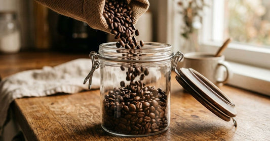 Whole coffee beans being poured into an airtight glass storage jar on a wooden countertop to preserve freshness.