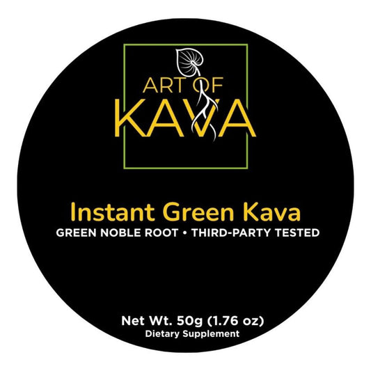 Art of Kava Instant Green Kava label on a black background